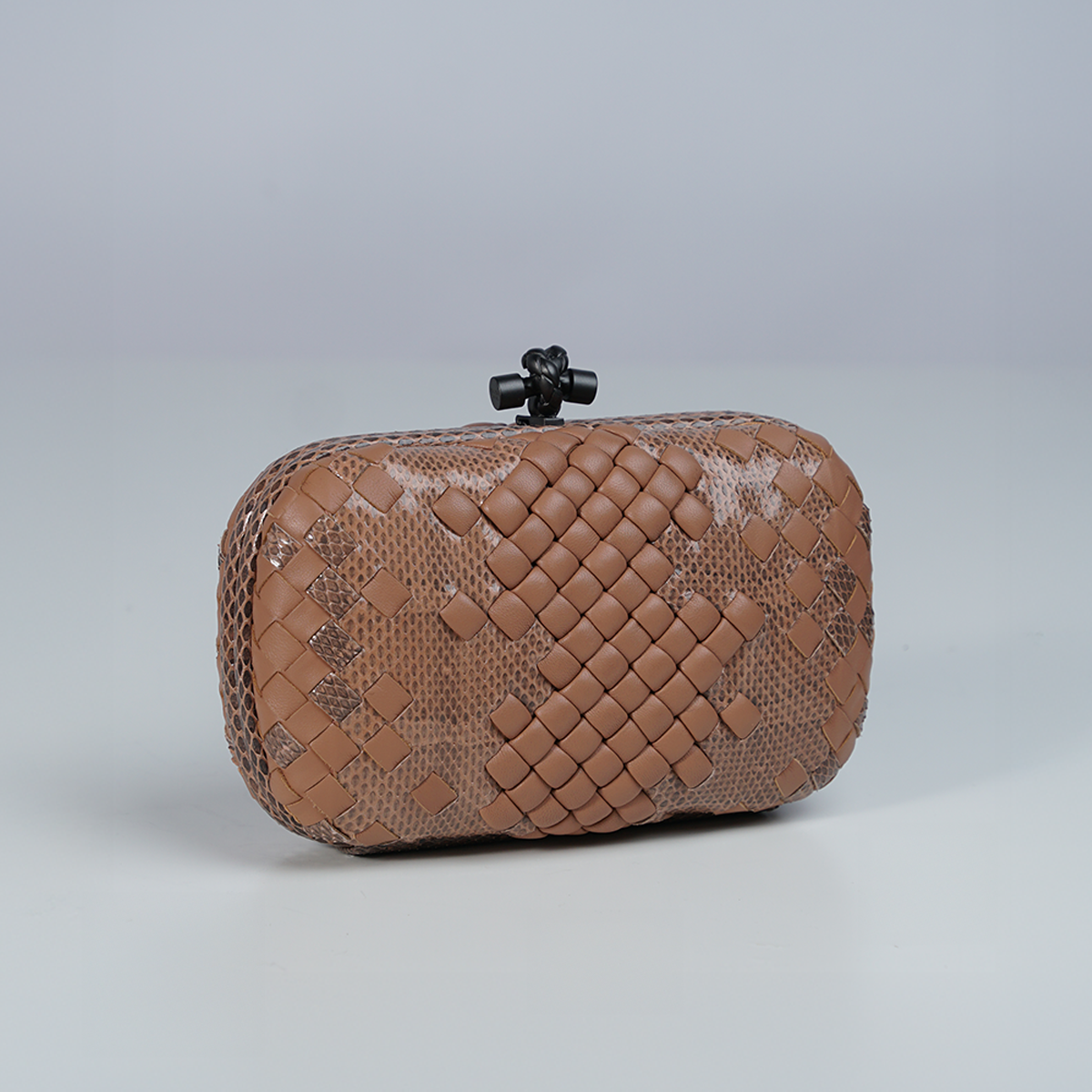 Beige Intrecciato Leather and Snakeskin Knot Chain Clutch