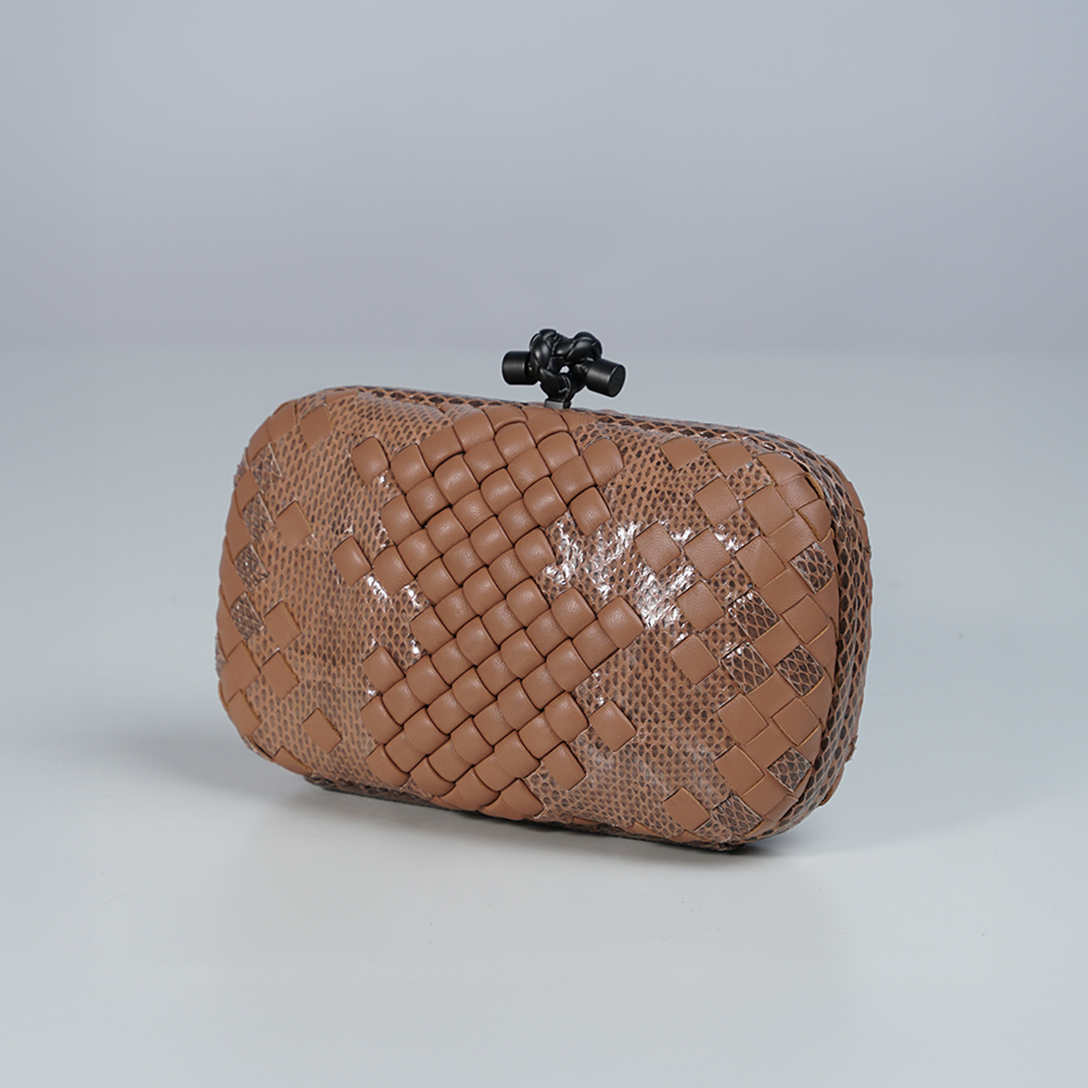 Beige Intrecciato Leather and Snakeskin Knot Chain Clutch