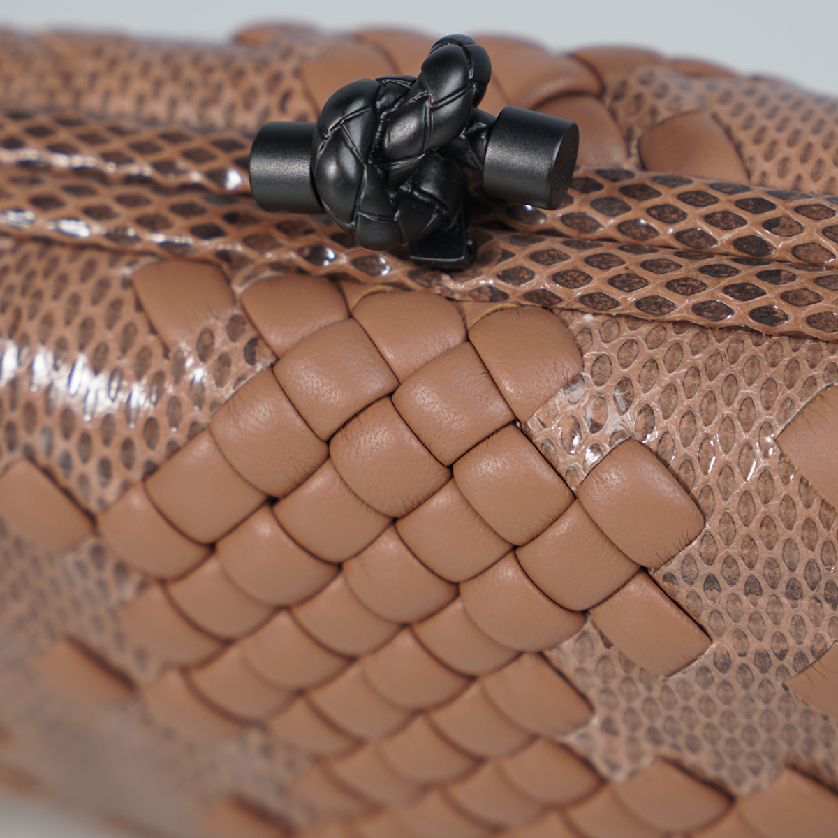 Beige Intrecciato Leather and Snakeskin Knot Chain Clutch