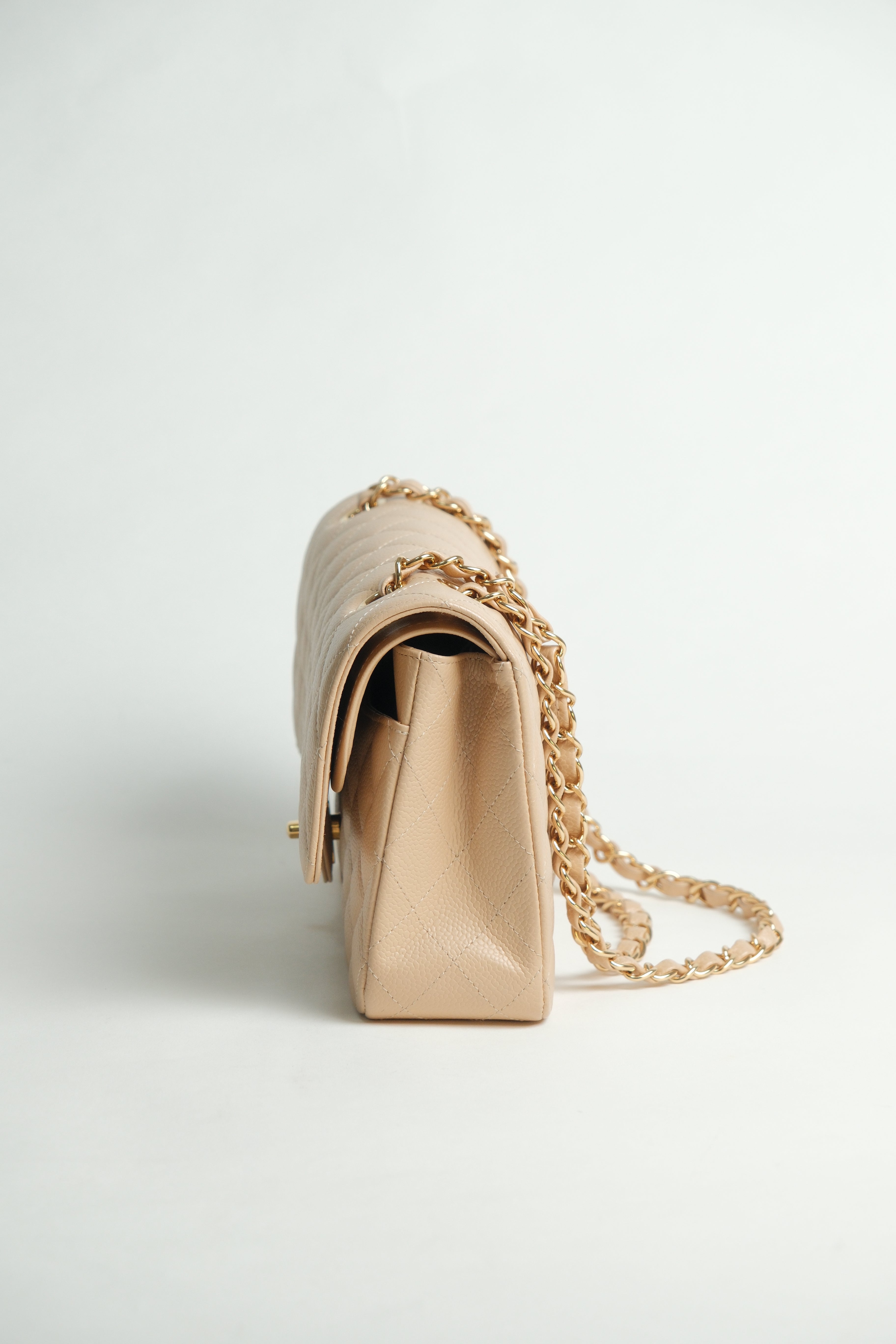 Beige Medium Classic Double Flap Caviar Microchipped