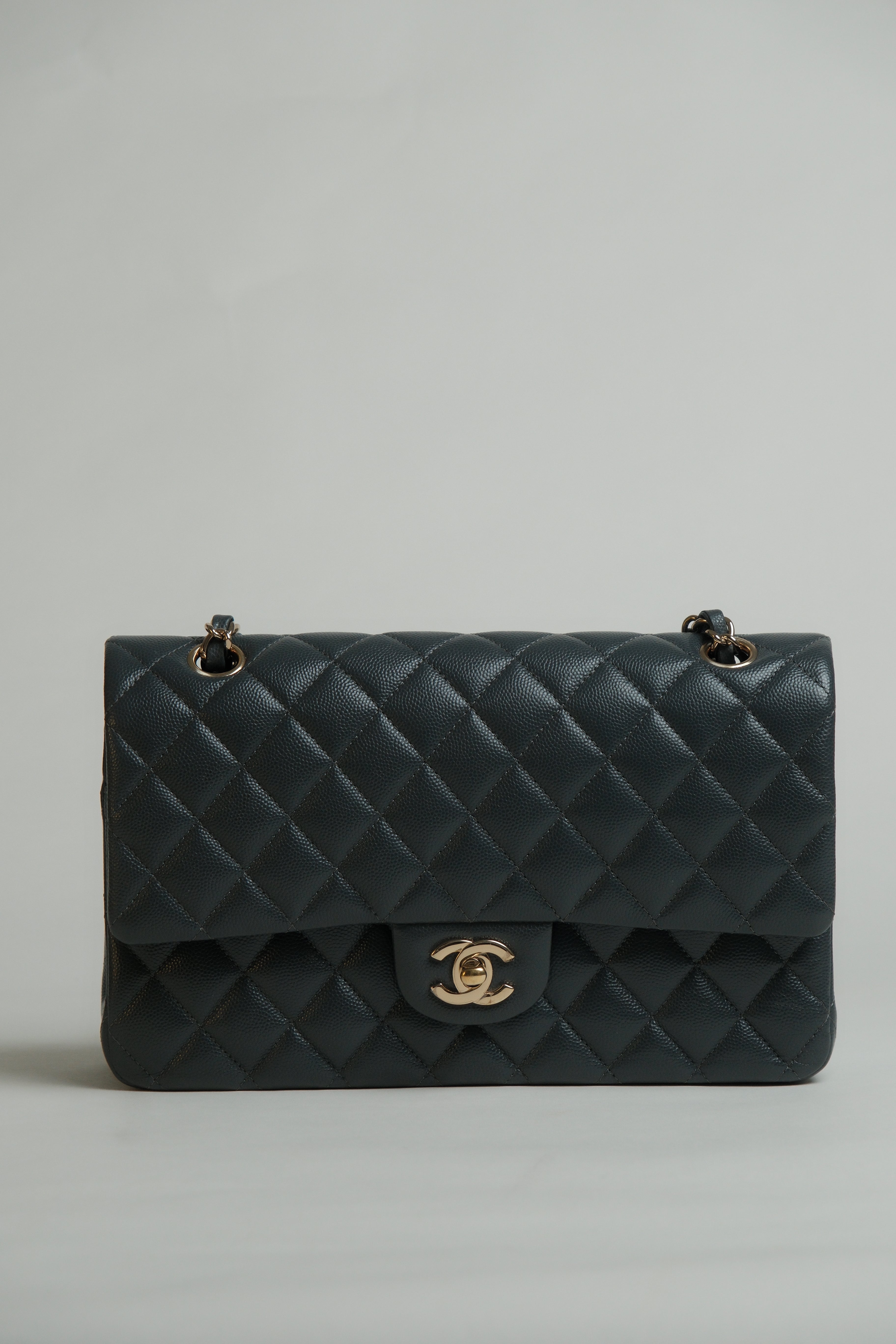 Medium Classic Double Flap Black Microchipped - DARK GREY