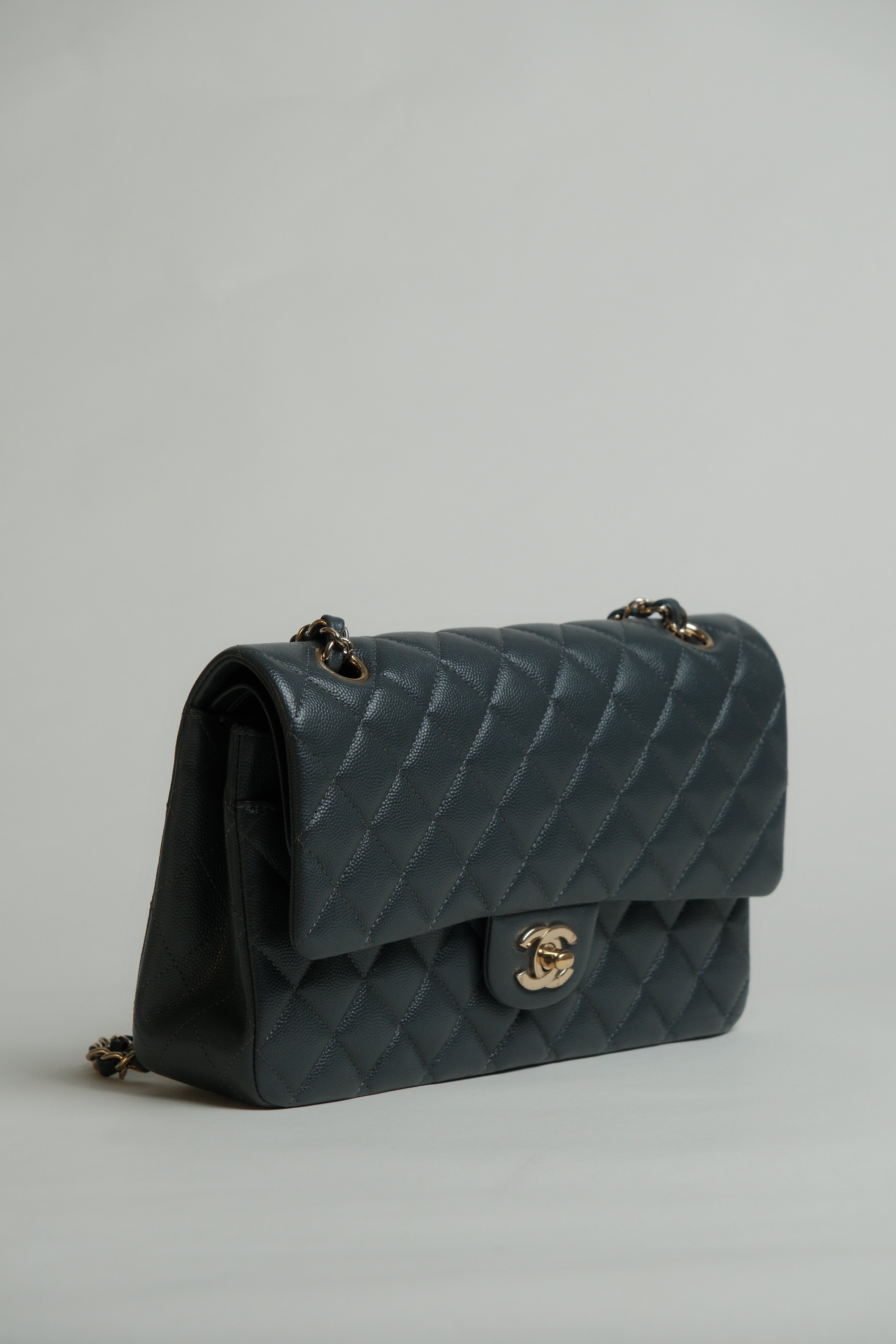 Medium Classic Double Flap Black Microchipped - DARK GREY