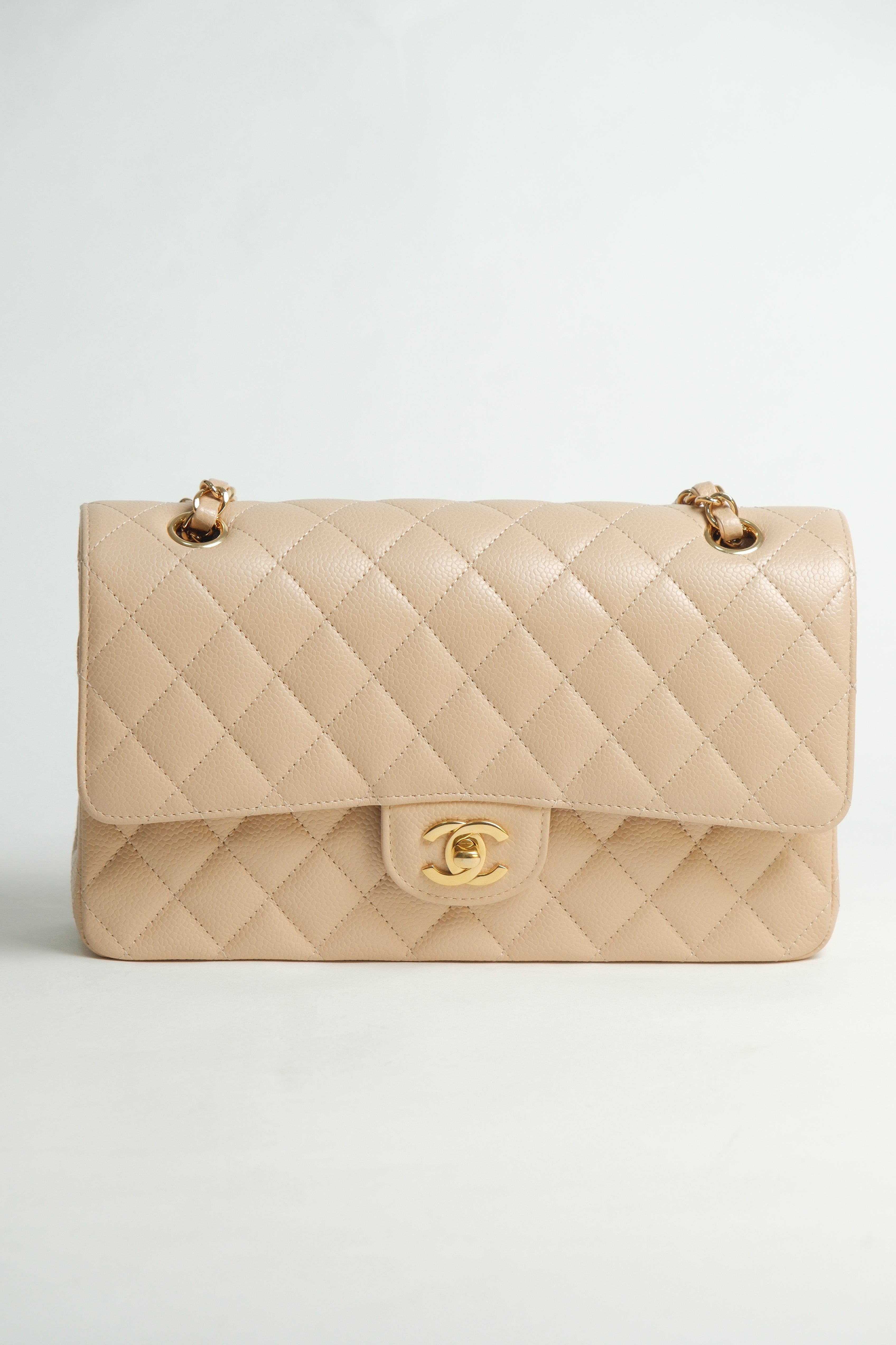 Beige Medium Classic Double Flap Caviar Microchipped