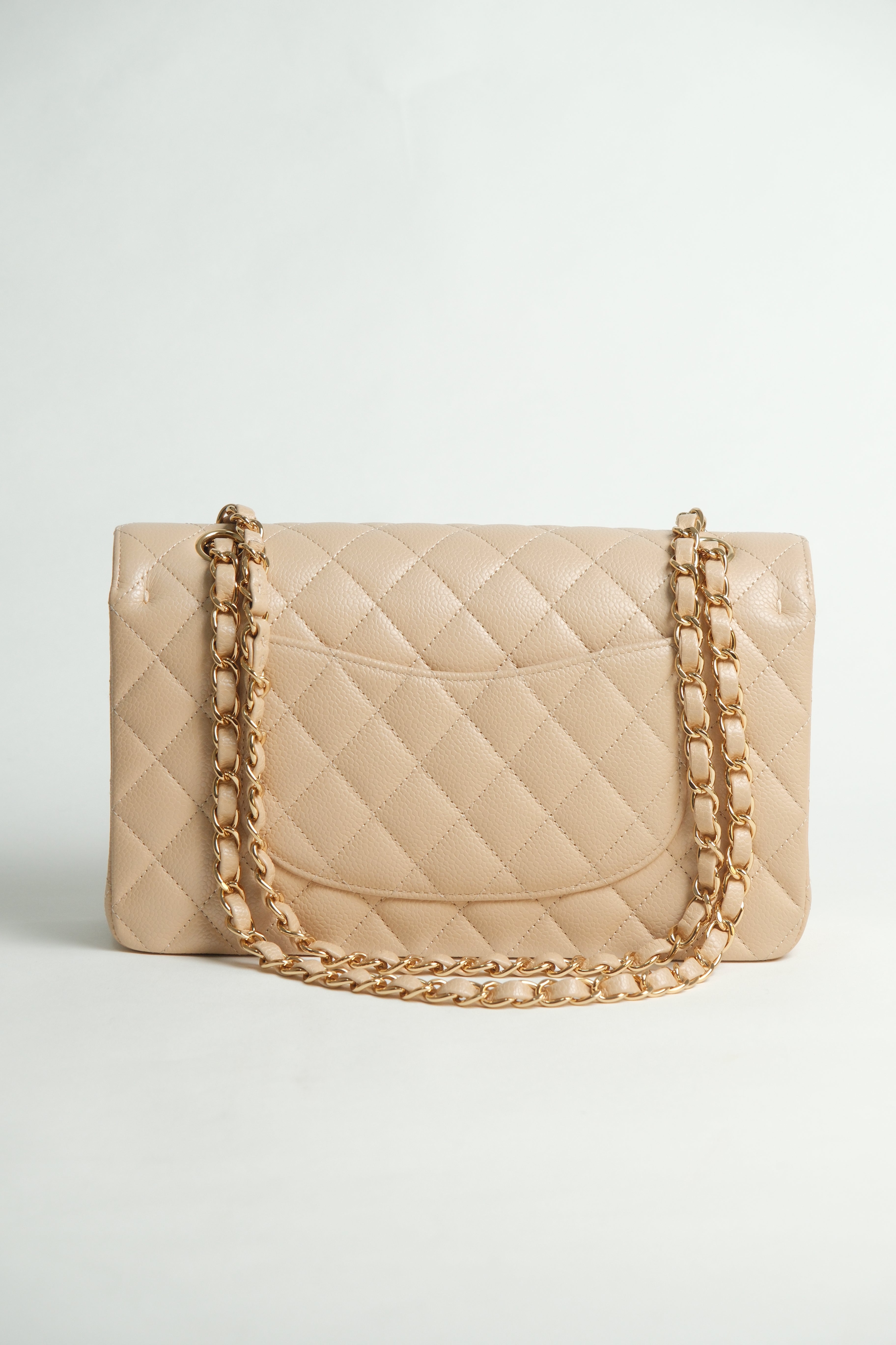 Beige Medium Classic Double Flap Caviar Microchipped