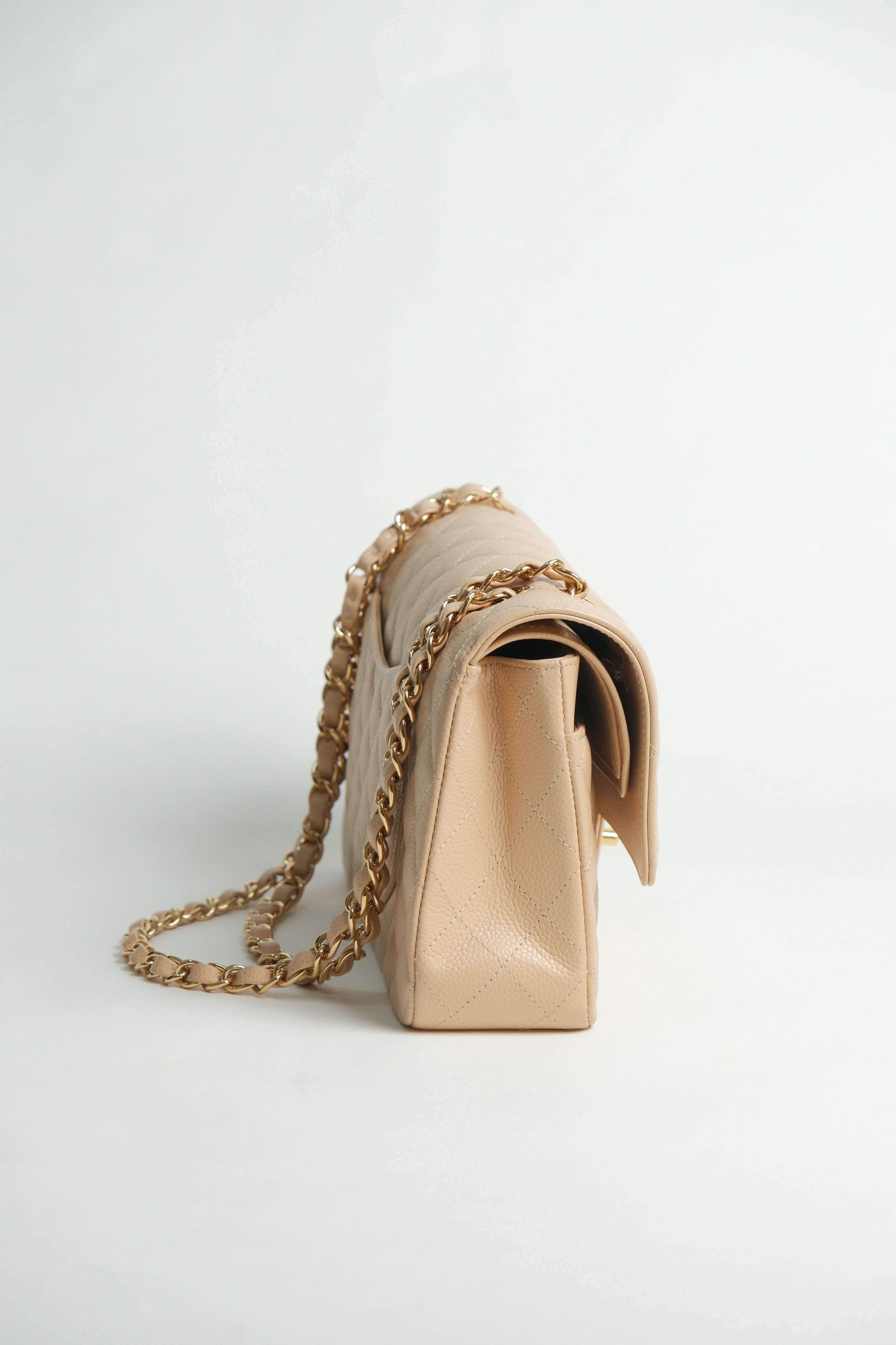 Beige Medium Classic Double Flap Caviar Microchipped