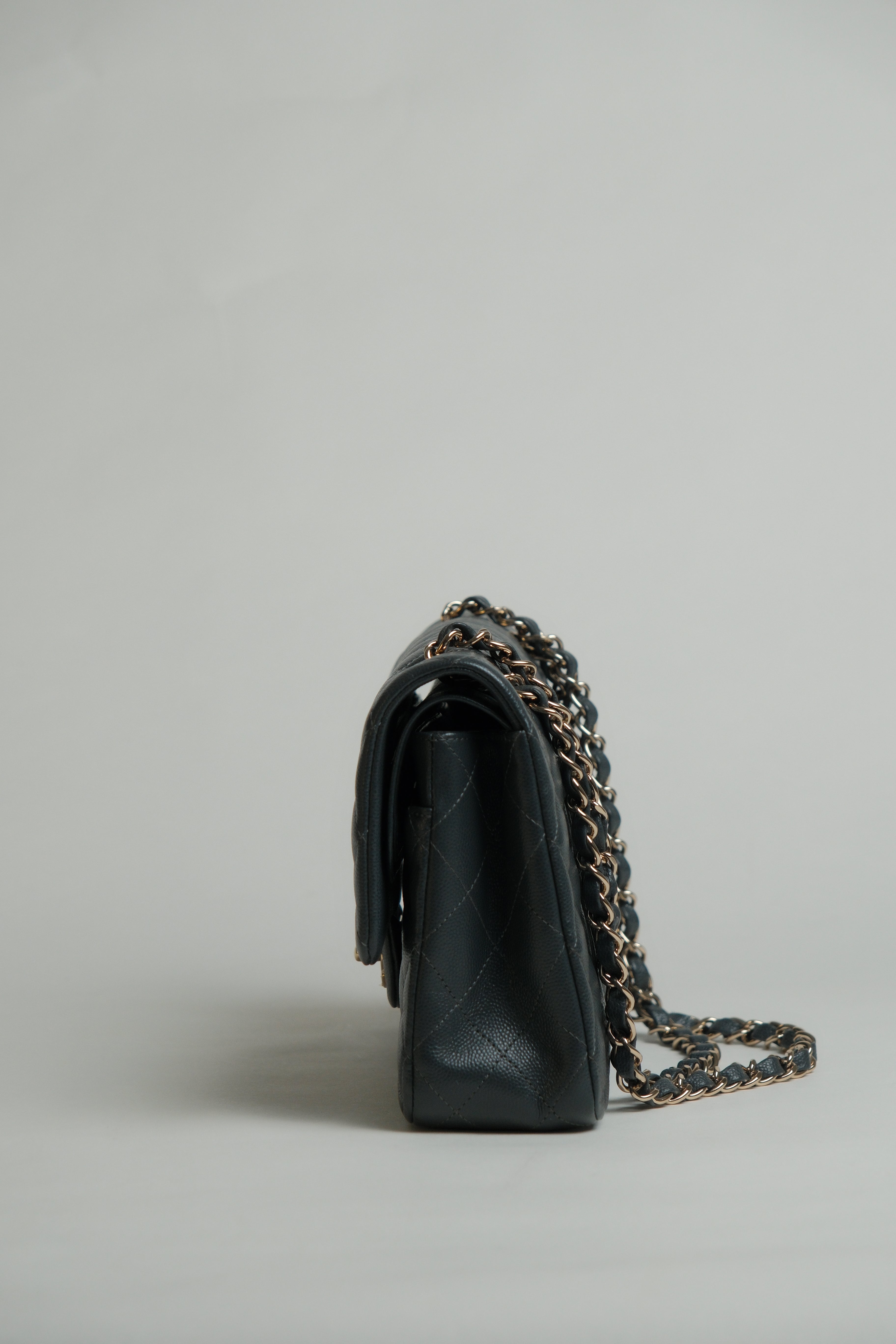 Medium Classic Double Flap Black Microchipped - DARK GREY