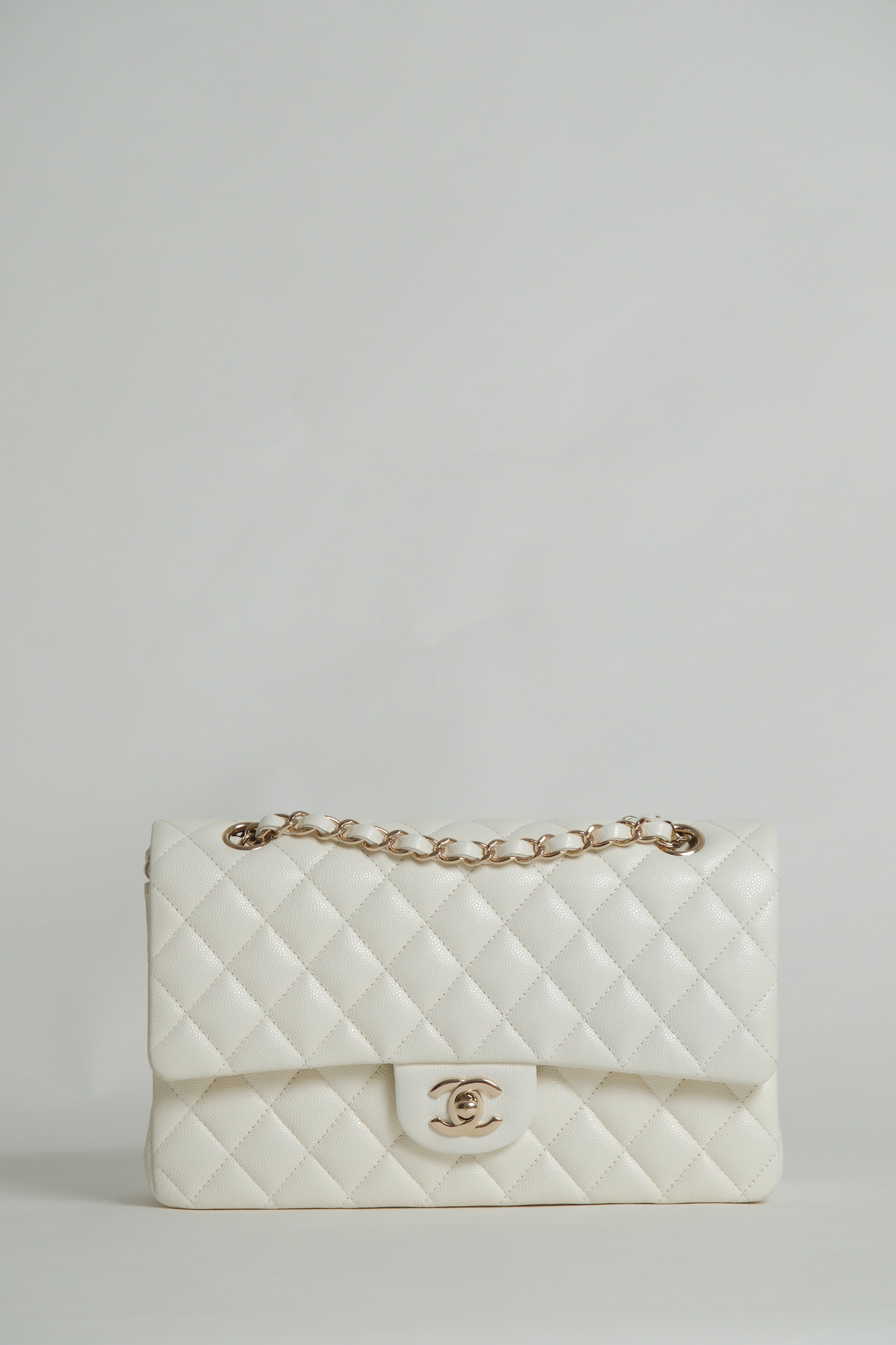 Classic Double Flap White Caviar Microchipped