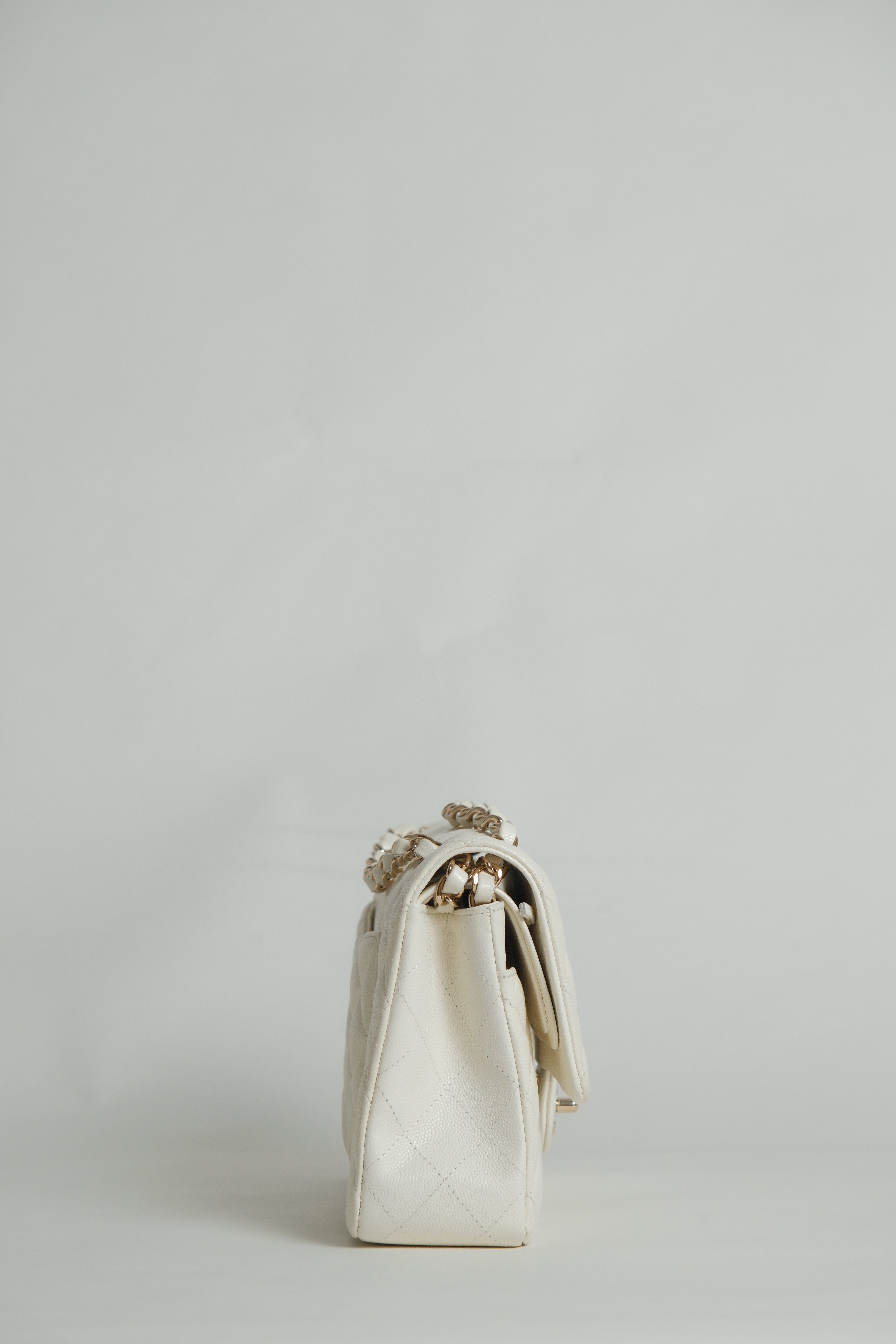 Classic Double Flap White Caviar Microchipped